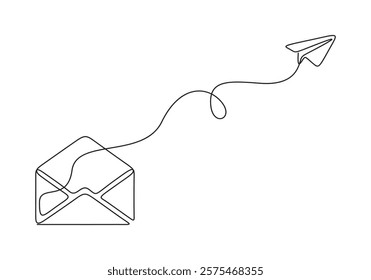 Continuous line drawing of envelope mail with airplane paper. Isolated on white background vector illustration