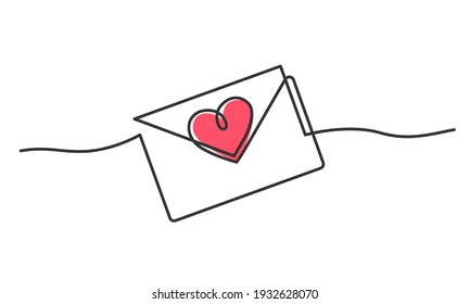 Continuous line drawing of envelope with red heart. Valentine's day. Template for love cards and invitations. Isolated on white background. Vector illustration.