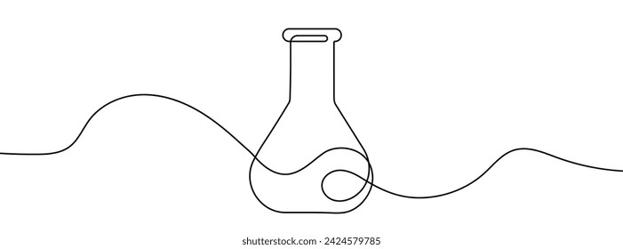 Continuous line drawing of an Erlenmeyer flask. One line drawing background. Vector illustration. Single line flask icon.