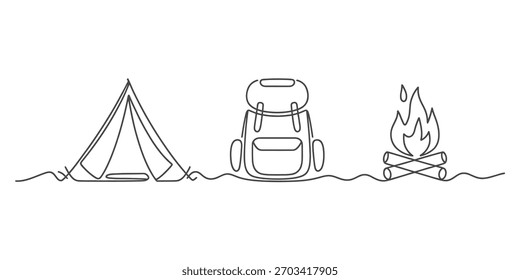 Continuous line drawing of essential camping gear: a tent, backpack, and burning campfire. minimalist outline illustration of outdoor adventure concept.