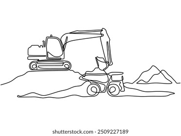 Dibujo de línea continuo de una excavadora en acción. Representa maquinaria llenando un camión de volteo para la minería. Ilustración vectorial de una mina a cielo abierto o cantera.