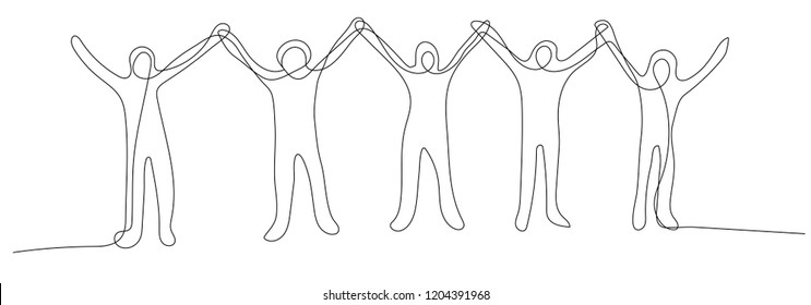 Continuous Line Drawing Of Excited Teams Get Together Standing And Holding Hands In The Air, Successful Concept