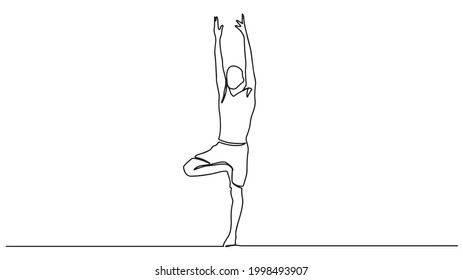 Continuous line drawing of exercising man. Continuous line drawing of young sportive man training yoga in sport gymnasium club center. Single one line of Fitness stretching concept.
