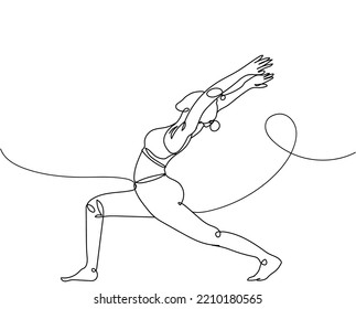 Continuous line drawing of exercising woman on white background. Hand drawn single line vector illustration