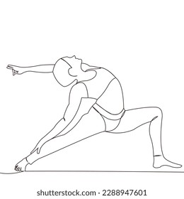Continuous line drawing of exercising woman on white background. Hand drawn single line vector illustration
