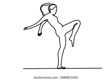 Continuous line drawing exercising woman yoga pose. Hand drawn single line vector illustration