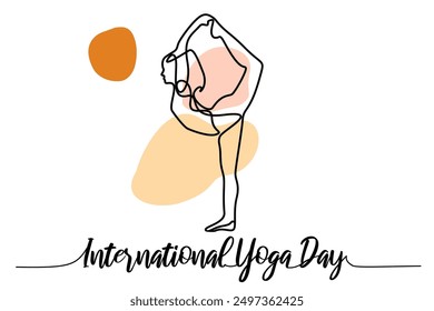 Dibujo de línea continuo ejercitando la postura de yoga de la mujer. Día Internacional del Yoga. Dibujado a mano Ilustración vectorial de una sola línea