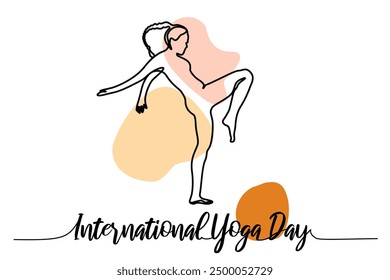 Dibujo de línea continuo ejercitando la postura de yoga de la mujer. Día Internacional del Yoga. Dibujado a mano Ilustración vectorial de una sola línea