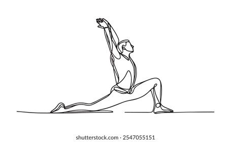 Continuous line drawing of exercising woman on white background. Hand drawn single line vector illustration