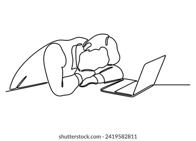 Continuous line drawing of exhausted man sleeping on his office desk. Vector concept. Creative ideas. Doodle vector illustration