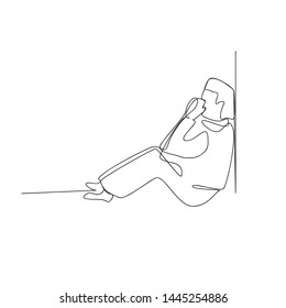 continuous line drawing of exhausted sad young man. isolated sketch drawing of exhausted sad young man line concept. outline thin stroke vector illustration