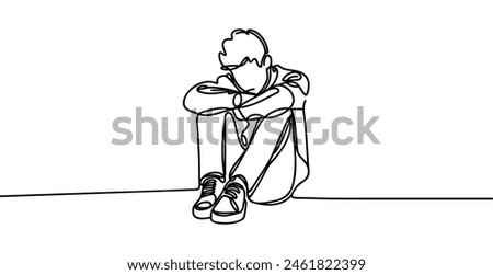 continuous line drawing of Exhausted sad young man covering his face by hands.