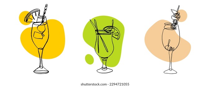 continuous line drawing of exotic cocktail drinks. vector