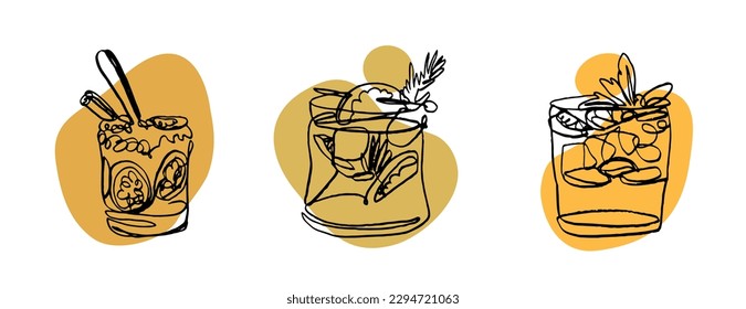 continuous line drawing of exotic cocktail drinks. vector