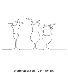 continuous line drawing of exotic cocktail drinks. vector