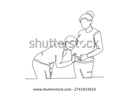 Continuous Line Drawing of Expectant Couple, Man Listening to Pregnant Woman’s Belly
