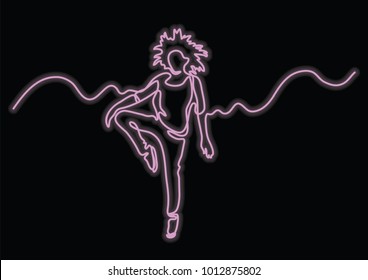continuous line drawing of expressive happy woman dancing with neon vector effect