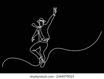 dibujo de línea continua de hombre de salto feliz expresivo mostrando signo de victoria