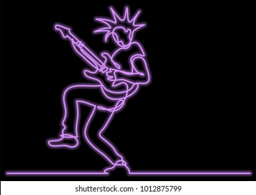 dibujo de línea continua de guitarrista de rock expresivo que posa con efecto vector neón