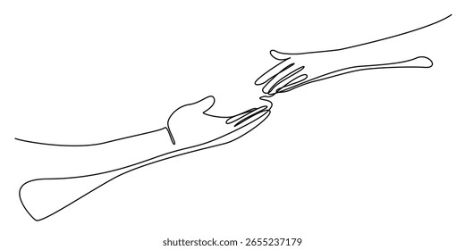 Dibujo de línea continua de mano extendida. Una línea Vector signo de caridad, dando a los demás, ayuda, cuidado de los demás. Ilustración vectorial de arte de línea