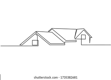 Continuous line drawing of exterior appearance of the front of the house with a roof. Modern. Townhouse building apartment. Home facade with doors and windows. house, roof, real estate