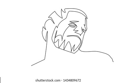 Continuous line, drawing  face  and hairstyle, The image of the man is stressing anxiety. minimalist, vector illustration for t-shirt, slogan design print graphics style