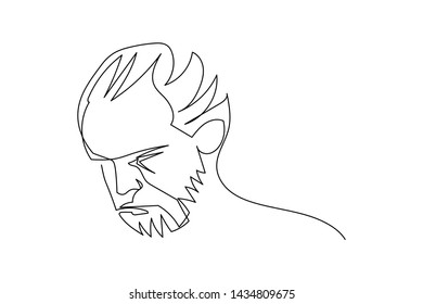 Continuous line, drawing  face  and hairstyle, The image of the man is stressing anxiety. minimalist, vector illustration for t-shirt, slogan design print graphics style