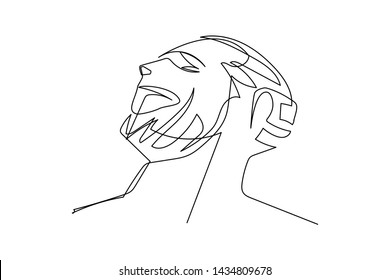 Continuous line, drawing  face  and hairstyle, The image of the man is stressing anxiety. minimalist, vector illustration for t-shirt, slogan design print graphics style