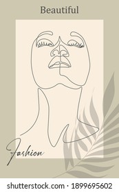 Línea continua, dibujo de cara y peinado, concepto de moda, mujer belleza minimalista, ilustración vectorial para camiseta, diseño de slogan estilo gráfico impreso