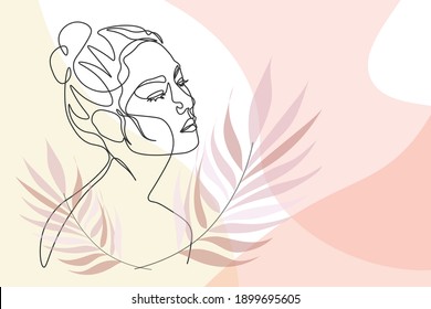 Continuous line, drawing of face and hairstyle, fashion concept, woman beauty minimalist, vector illustration for t-shirt, slogan design print graphics style