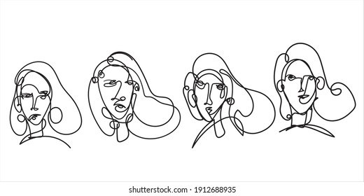 Línea continua, dibujo de cara y peinado, concepto de moda, mujer belleza minimalista, ilustración vectorial para camiseta, diseño de slogan estilos gráficos impresos