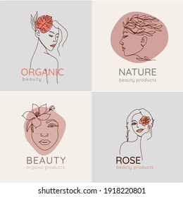 Continuous line drawing of face and hairstyle with leaves, flowers. Fashion, beauty products concept and logo icons template. Woman beauty vector illustration in minimalistic modern linear style. - Shutterstock ID 1918220801