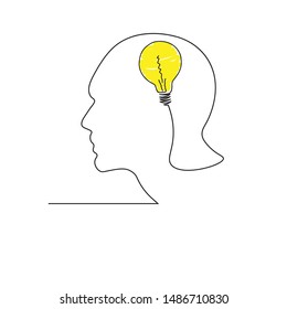 Línea continua, dibujo de la cara de un hombre que tiene pensamientos en su cerebro
Rayas simples dibujadas a mano, Ilustración vectorial