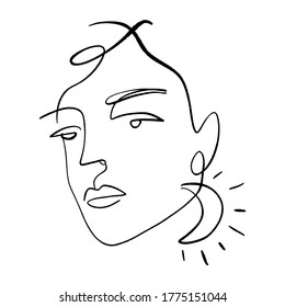 Continuous line drawing face. Moon earring, hairstyle, fashion concept. Minimalist vector illustration, woman beauty. Perfect for t-shirt design, art print.