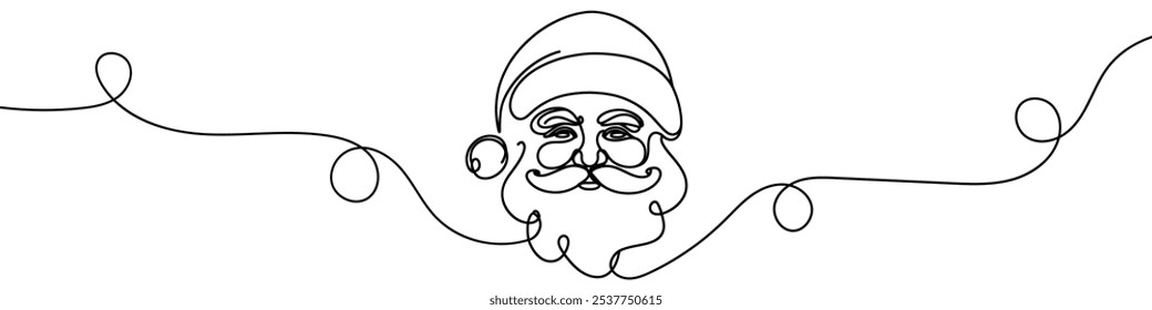 Continuous line drawing of face of Santa Claus. One line drawing of a face of Santa Claus. Vector illustration.