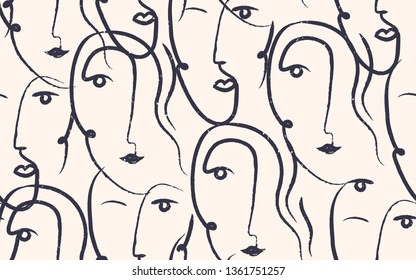 Continuous Line, Drawing Of Faces, Fashion Minimalist Concept, Vector Illustration. Modern Fashionable Pattern.