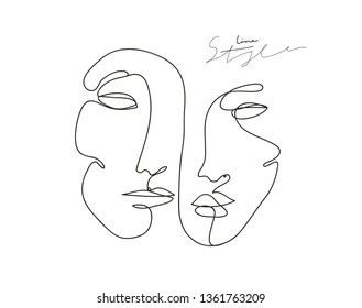 Continuous line, drawing of faces, fashion minimalist concept, vector illustration.