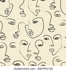 Continuous line, drawing of faces, fashion minimalist concept, vector illustration. Modern fashionable pattern. Minimalist abstract aesthetic style
