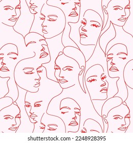 Continuous line, drawing of faces, fashion minimalist concept, vector illustration. Modern fashionable pattern. Glamour one line drawing women faces seamless pattern.