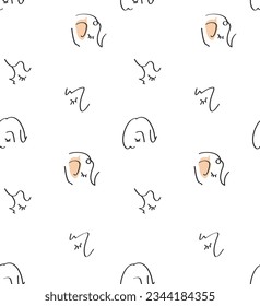 Continuous line, drawing of faces, fashion minimalist concept, vector illustration. Modern fashion designs, Glamour one line drawing women faces seamless pattern. white background