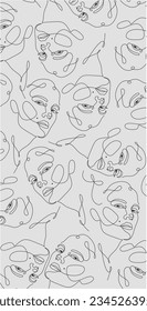 Continuous line, drawing of faces, fashion minimalist concept, vector illustration. Modern fashionable pattern. Glamour one line drawing women faces seamless pattern.