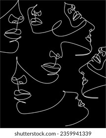 Continuous line, drawing of faces, fashion minimalist concept, vector illustration. Modern fashionable pattern. Glamour one line drawing women faces seamless pattern.
