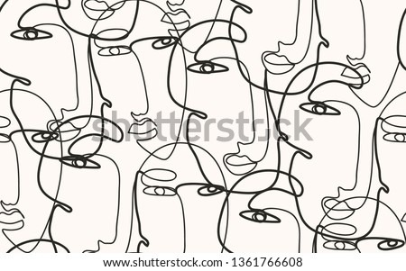 Continuous line, drawing of faces, fashion minimalist concept, vector illustration. Modern fashionable pattern.