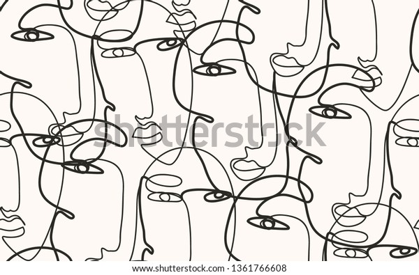 Continuous line, drawing of faces, fashion minimalist concept, vector illustration. Modern abstract wallpaper pattern.