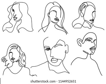 Continuous line, drawing of faces and hairstyle, fashion concept, woman beauty minimalist, vector