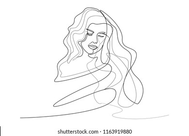 Continuous line, drawing of faces and hairstyle, fashion concept, woman beauty minimalist, vector