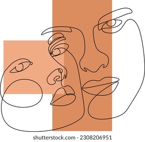 Continuous line drawing of faces and hairstyles set, fashion concept, woman beauty minimalist, vector