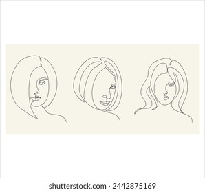 
Kontinuierliche Linie Zeichnung von Gesichtern und Frisuren Set, Modekonzept, Frau Schönheit minimalistisch, Vektor