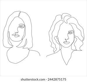 
Línea continua de dibujo de rostros y peinados, concepto de moda, mujer belleza minimalista, vector