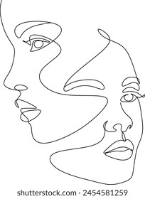 Dibujo de línea continua de rostros y peinados, concepto de moda, mujer belleza minimalista, Vector. Sin inteligencia artificial